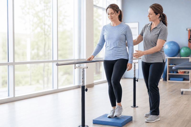 Physical therapist guiding a woman with multiple sclerosis through a balance exercise in a rehabilitation clinic