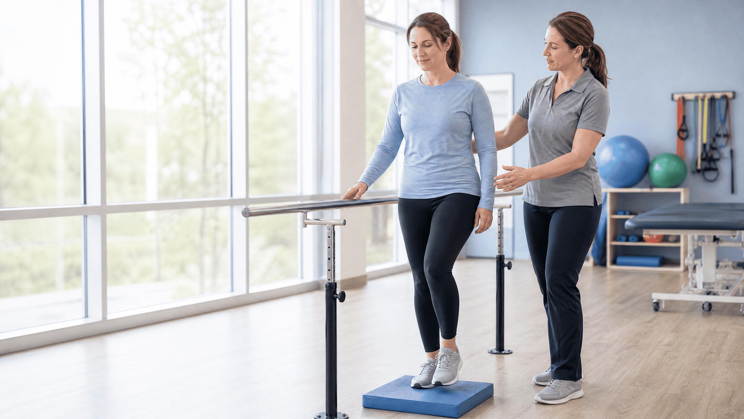 Physical therapist guiding a woman with multiple sclerosis through a balance exercise in a rehabilitation clinic