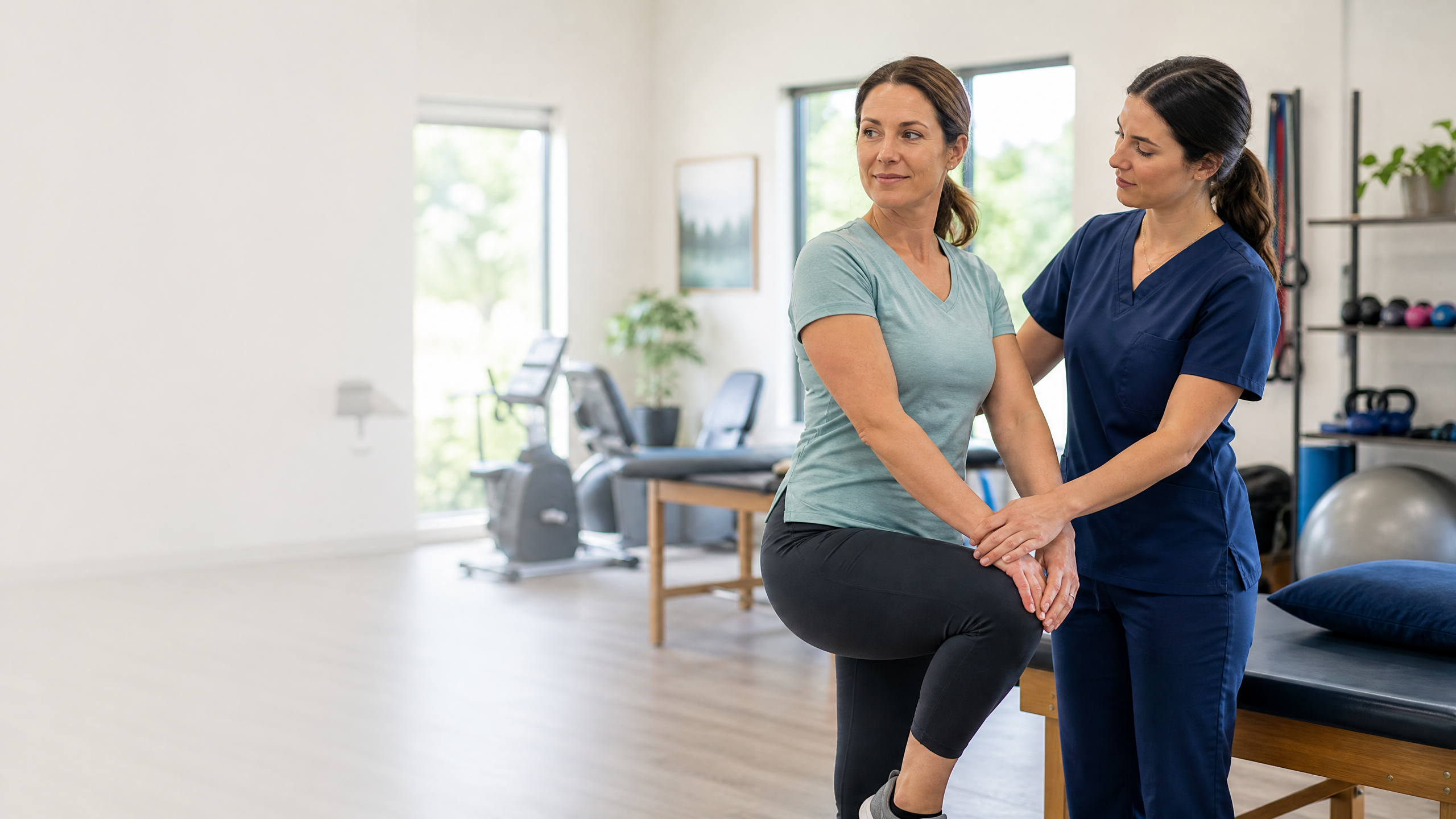 Physical therapist guiding a patient through a gentle rehabilitation exercise for sciatica