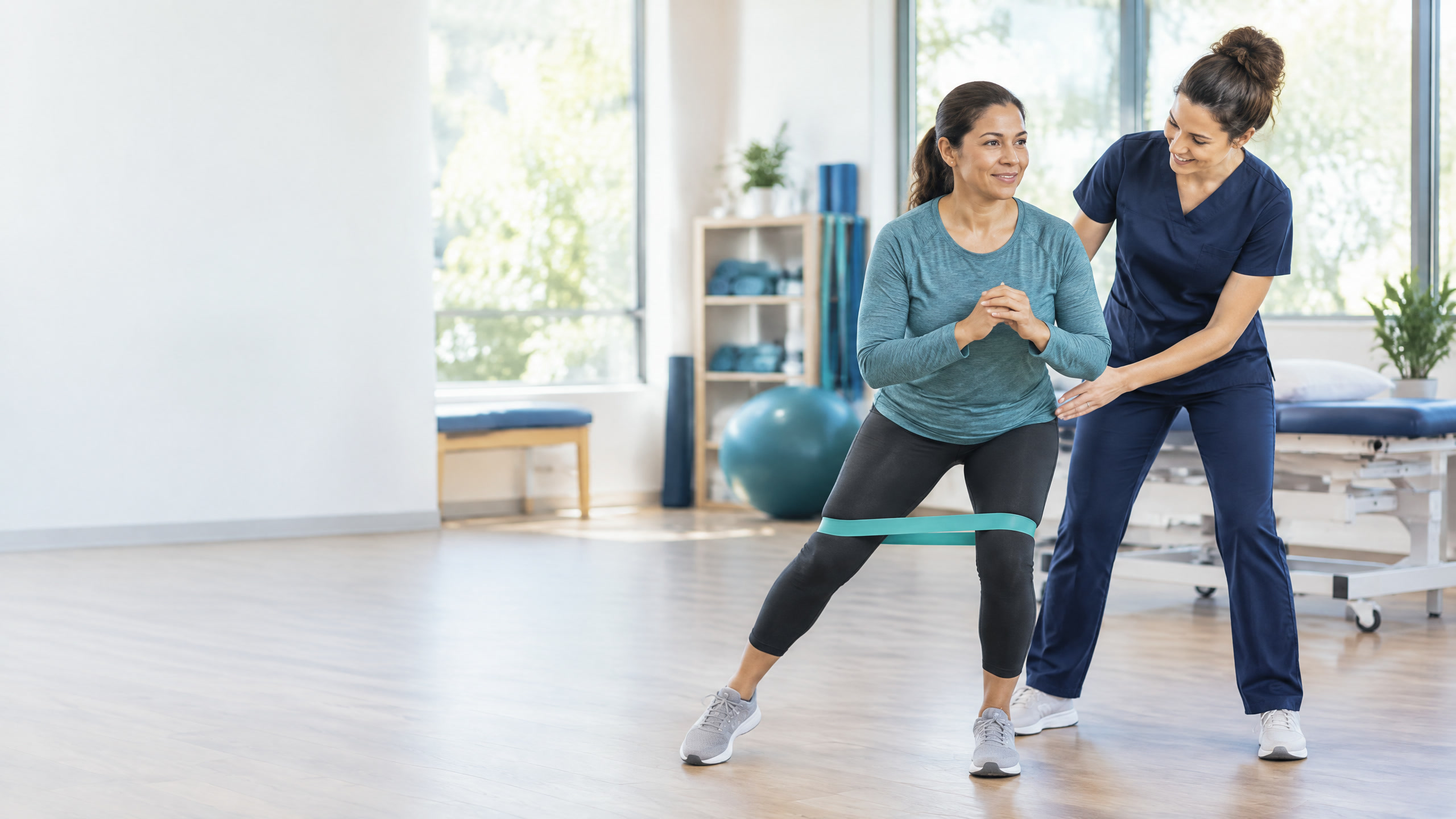 Physical therapist guiding a patient through a standing hip-stability exercise with a resistance band