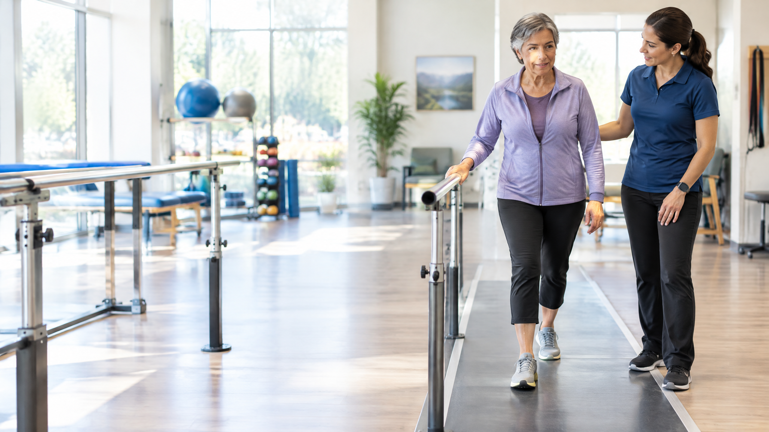 Physical therapist guiding an older adult through supported gait and balance training