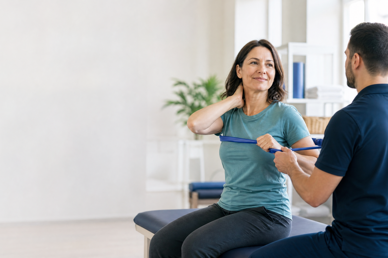 Physical therapy patient performing a shoulder-blade exercise for non-surgical neck pain relief in Tucker, GA