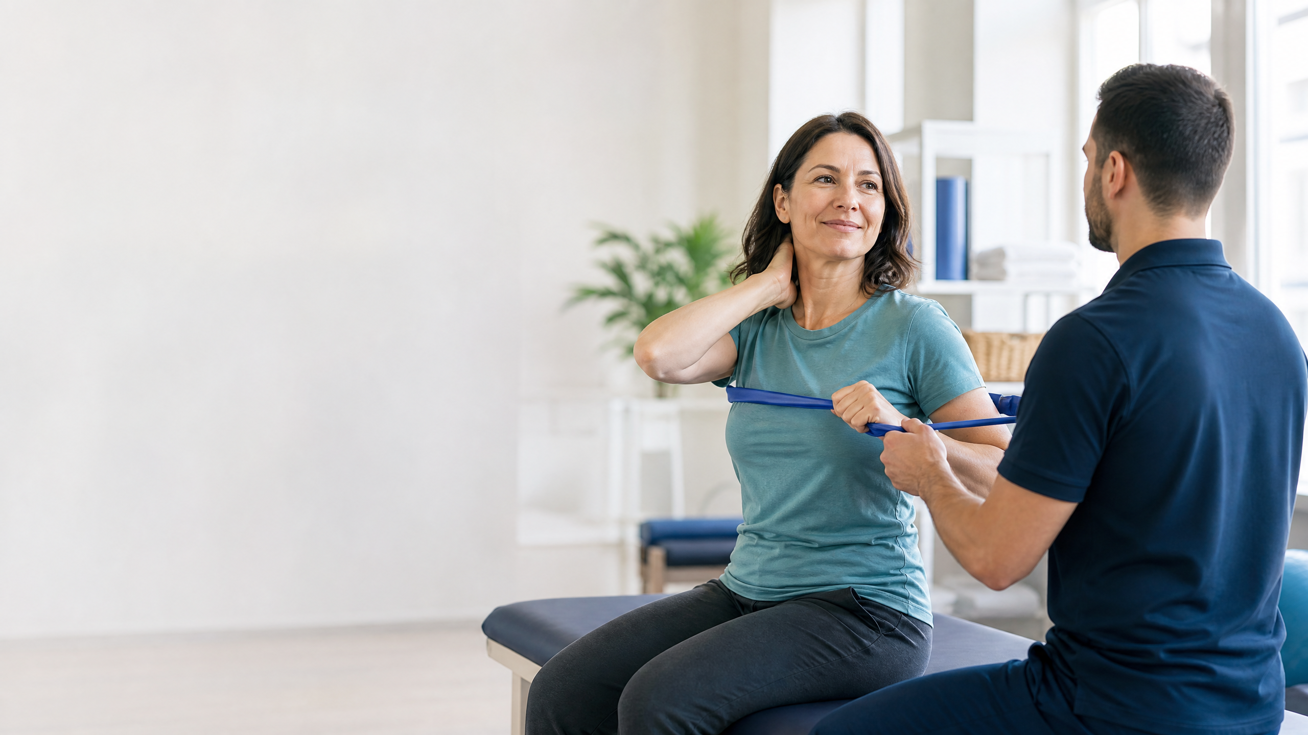 Physical therapy patient performing a shoulder-blade exercise for non-surgical neck pain relief in Tucker, GA