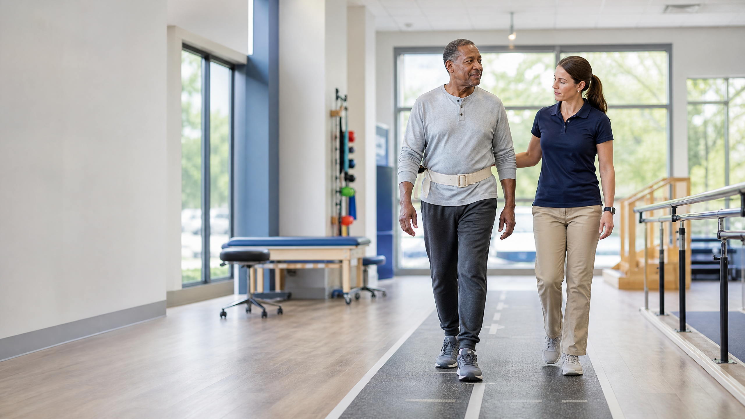 Physical therapist supporting a stroke survivor during gait training in a bright rehabilitation clinic