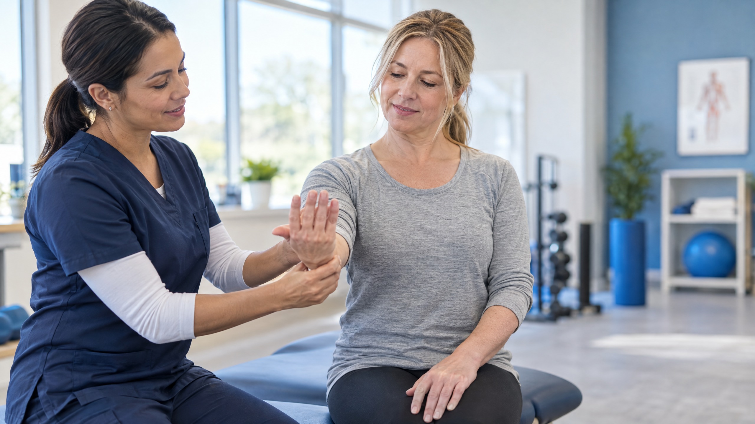 Physical therapist guiding a patient through a gentle wrist and forearm exercise for carpal tunnel therapy in Atlanta, Georgia